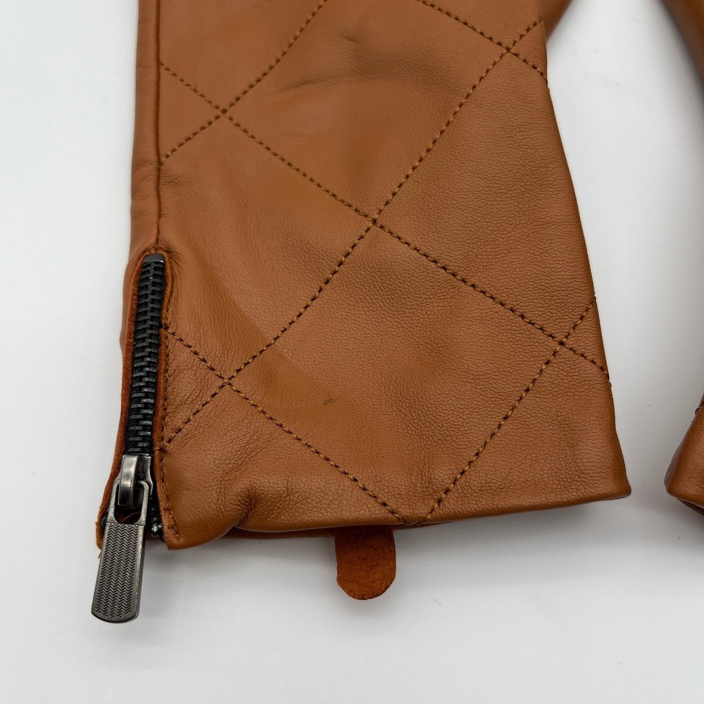 Chico's Gloves Women L/G Brown Leather Quilted Tech Friendly Zippered Moto Style - Picture 2 of 10